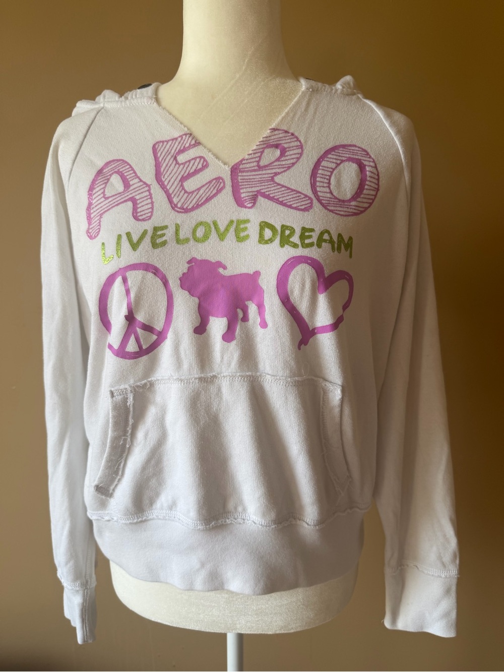 Aeropostale White Hoodie with Purple & Green Graphics